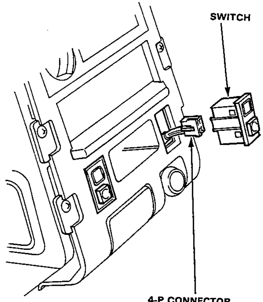 Seat heater switch removal from the center instrument panel. Shows the switch and its 4-P connector being disconnected behind the panel.