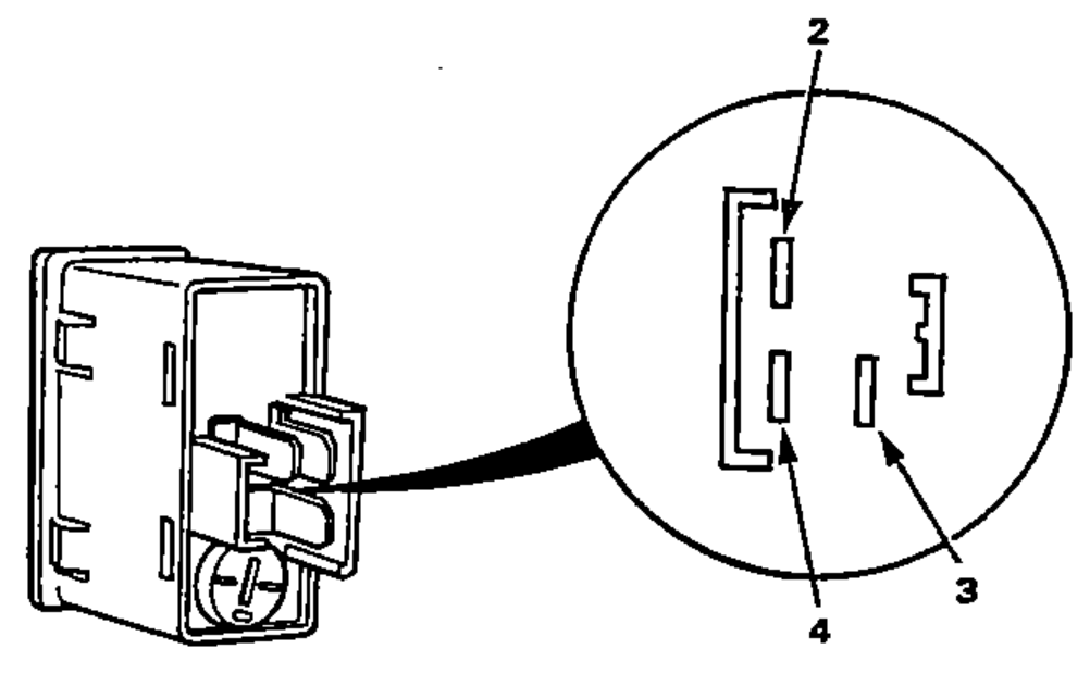 Seat heater switch showing terminal locations. Terminals numbered 2, 3 and 4 on the connector face.