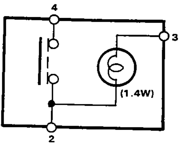 Internal circuit schematic of the seat heater switch showing continuity path between terminals 2, 3 and 4 with the 1.4W indicator bulb.