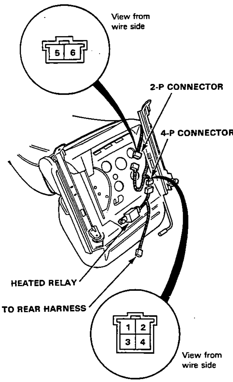 Front seat underside showing the seat heater connectors to be disconnected. Insets show the 2-P connector (terminals 5, 6) and 4-P connector (terminals 1-4) viewed from the wire side. Left front seat shown.
