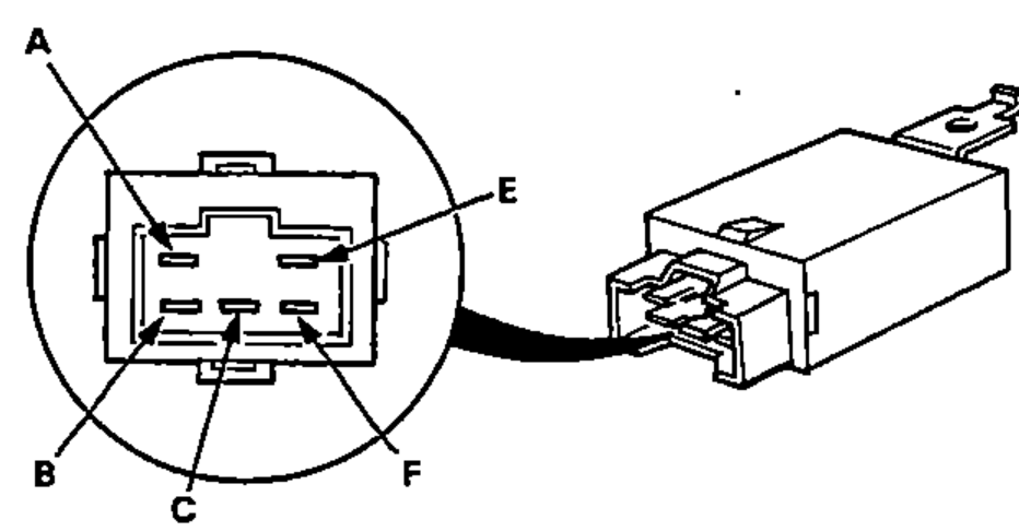 Heated relay and its connector, showing terminal locations A, B, C, E, F.