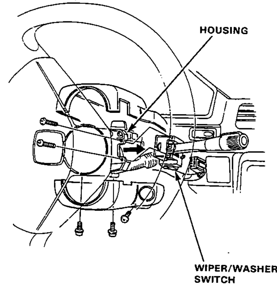 Steering column with the upper/lower covers removed, showing the wiper/washer switch being slid out of its housing; an arrow indicates the removal direction.