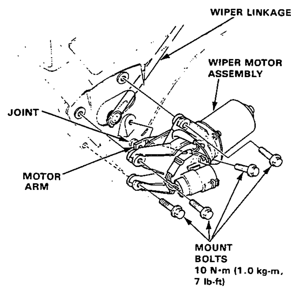 Windshield wiper motor assembly with its linkage, joint, motor arm and mounting bolts.