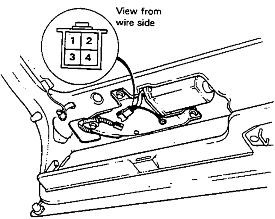 Rear window (hatch) wiper motor location with an inset showing the 4-P connector terminal layout (1, 2, 3, 4) viewed from the wire side.