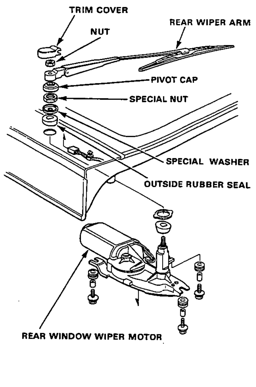 Exploded view of the rear window wiper assembly at the hatch, showing the wiper arm, trim cover, mounting hardware and the rear window wiper motor with its three mount bolts.