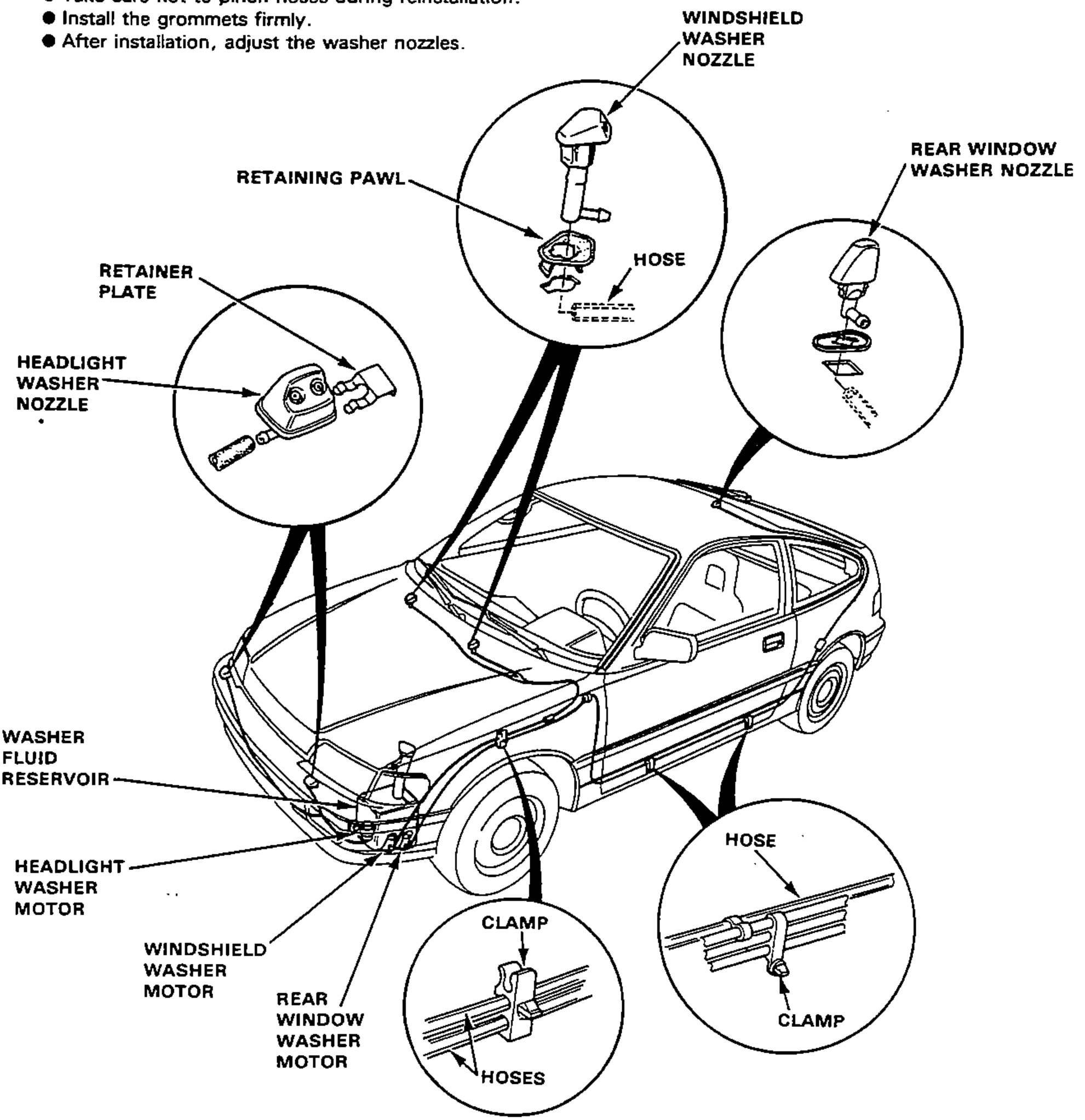 Overall CRX illustration locating the washer system components on the car (windshield/rear window/headlight washer nozzles, washer fluid reservoir and the three washer motors), with detail circles for the windshield washer nozzle retaining pawl, rear window washer nozzle, headlight washer nozzle retainer plate, and hose clamp routing.
